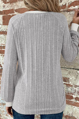 Gray Rib Texture Contrast Trim Round Neck Long Sleeve Top