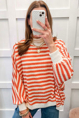 Orange Stripe Striped Textured Stand Neck Oversized Long Sleeve Top