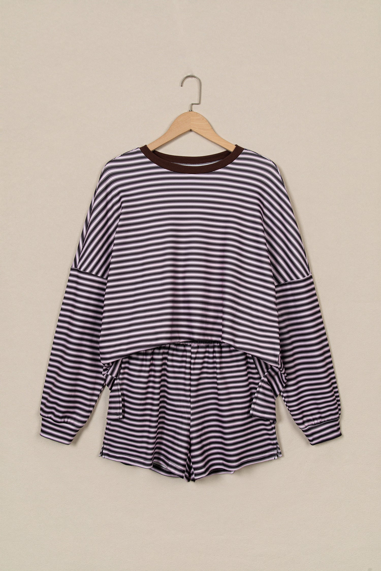 Sky Blue Stripe Long Sleeve Oversized Top Pocketed Casual Shorts Two Piece Set