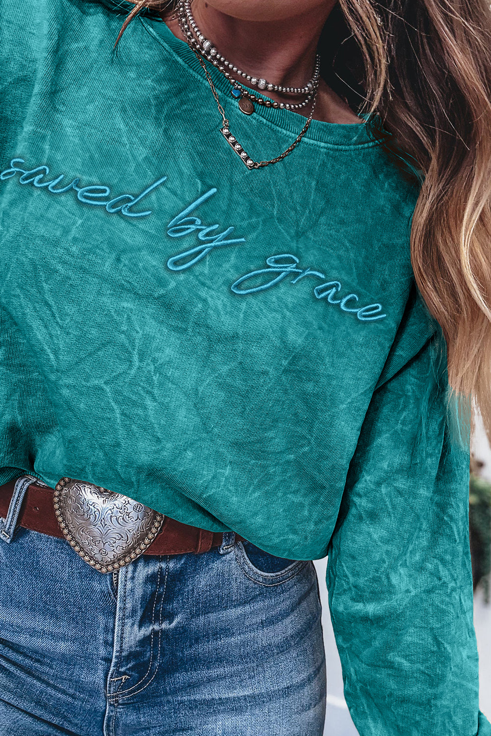 Sea Green  saved by grace Letter Embroidery Mineral Wash Loose Sweatshirt