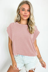 Sepia Rose Twisted Ribbed Textured Plain T Shirt