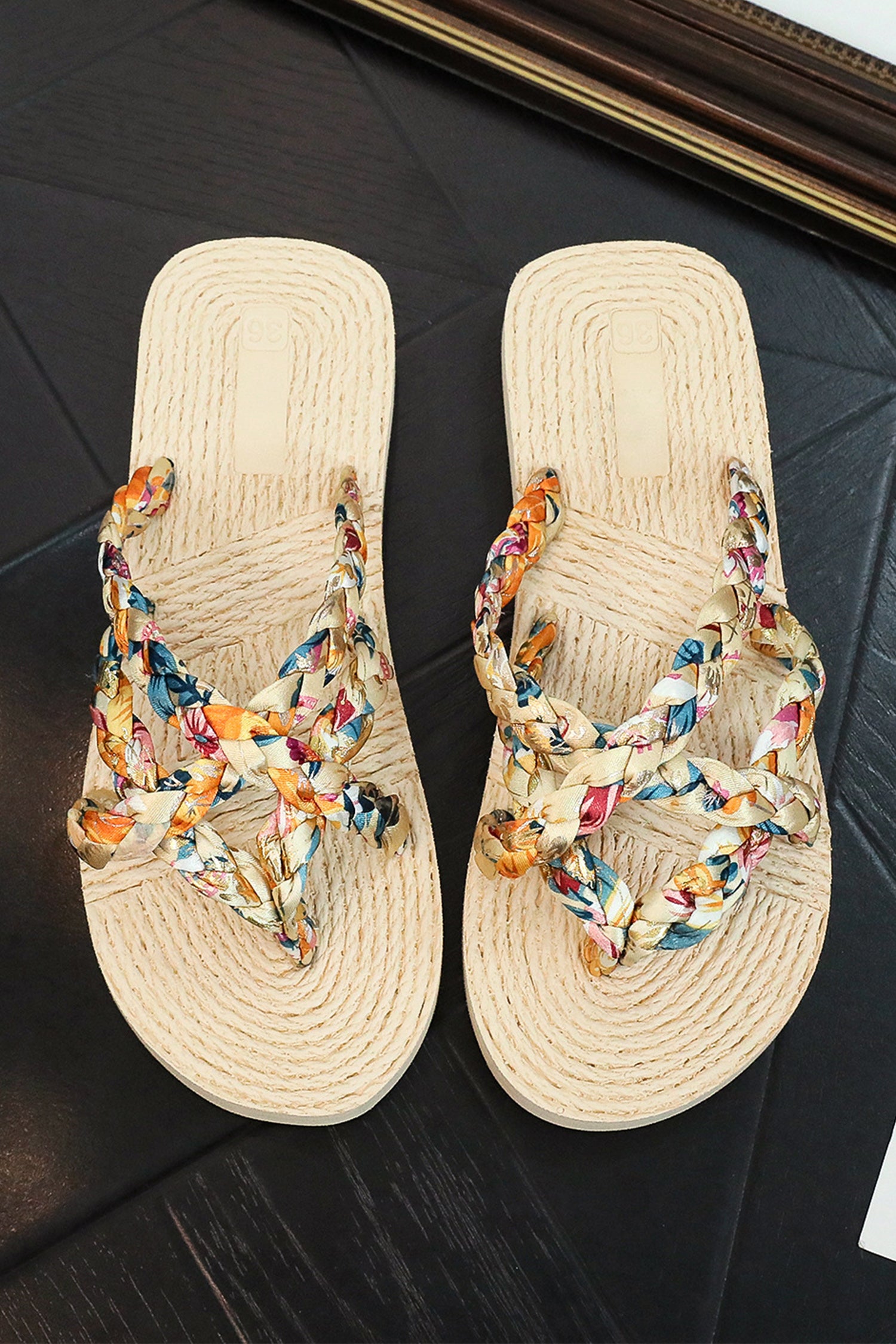 Beige Boho Printed Woven Caged Flip Flops Summer Slippers