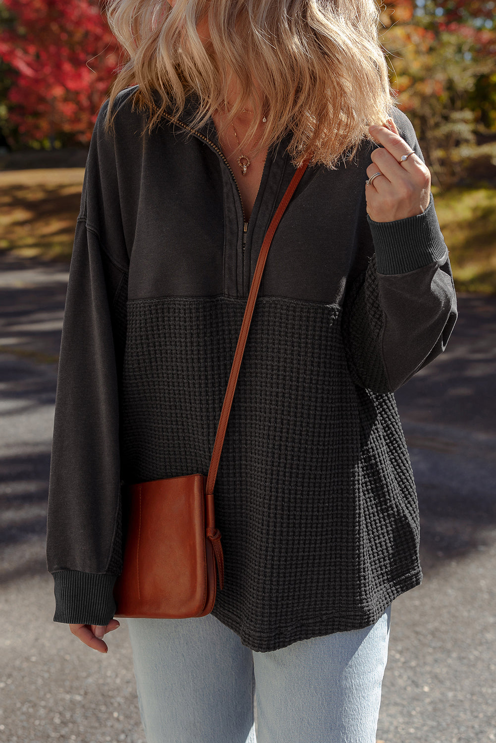 Carbon Grey Waffle Knit Patchwork Half Zipped Casual Sweatshirt