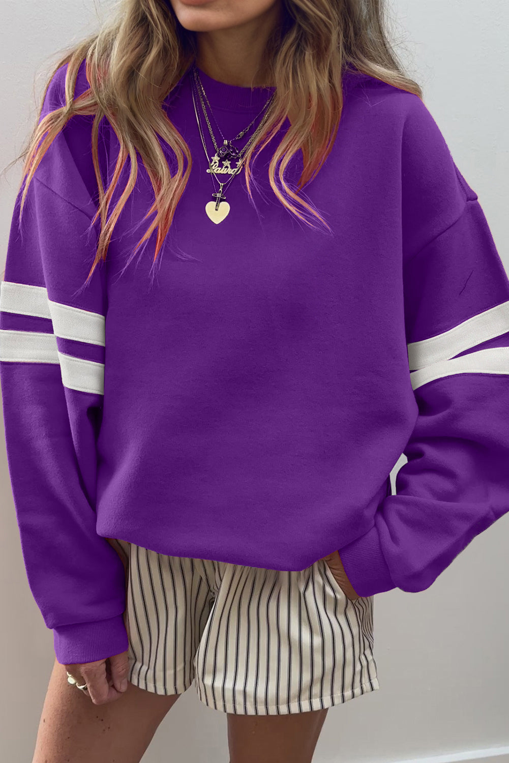 Tillandsia Purple Preppy Striped Sleeve Loose Sweatshirt