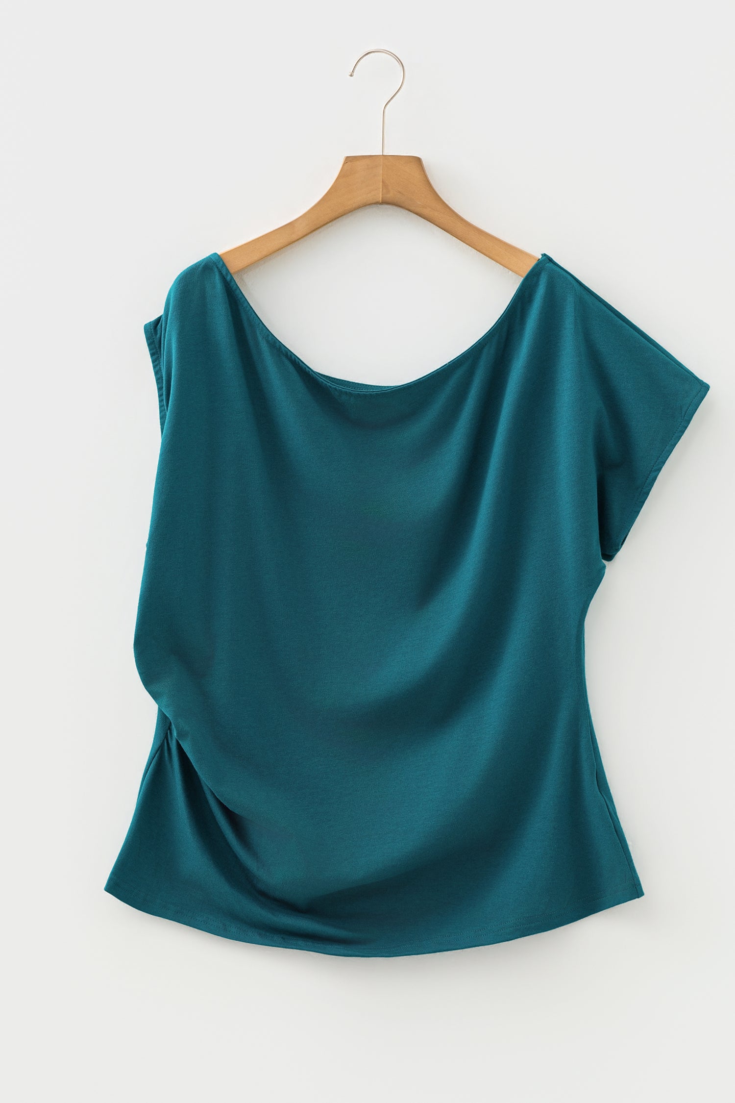 Burgundy Plus Size Solid Color Asymmetric Neck Short Sleeve Blouse