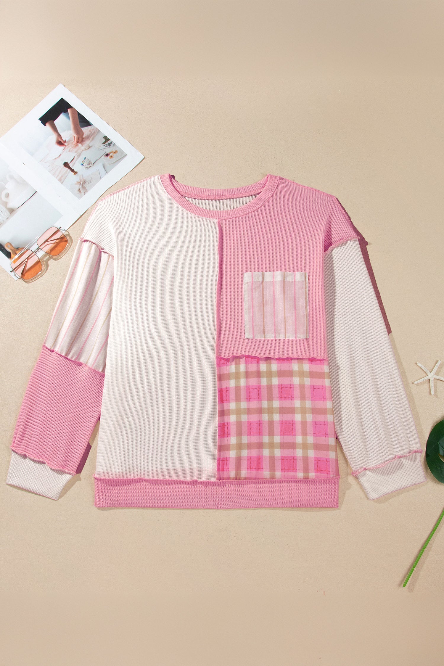 Pink Colorblock Plaid Panel Long Sleeve Plus Size Blouse