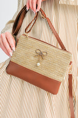 Beige Pearl Bow Decor Woven Patchwork Shoulder Bag