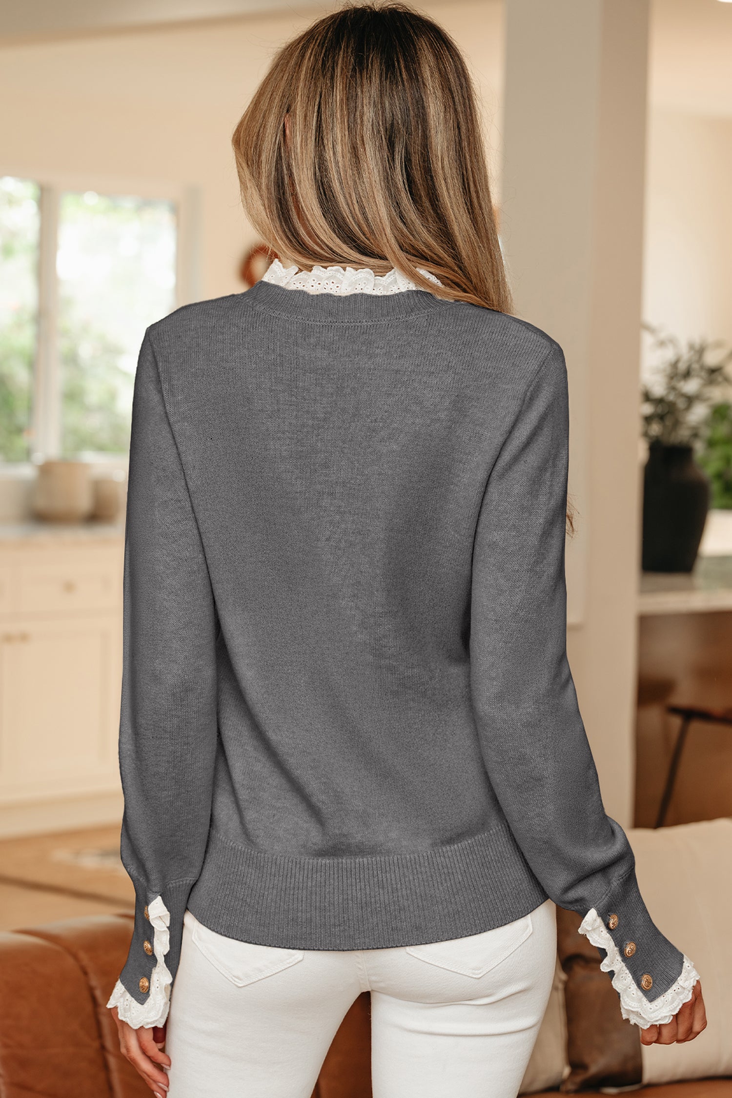 Jet Stream Lace Trim Patchwork Buttoned Cuffs Loose Sweater