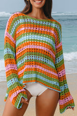 Purple Multi Stripe Open Knit Sweater Beach Cover Up