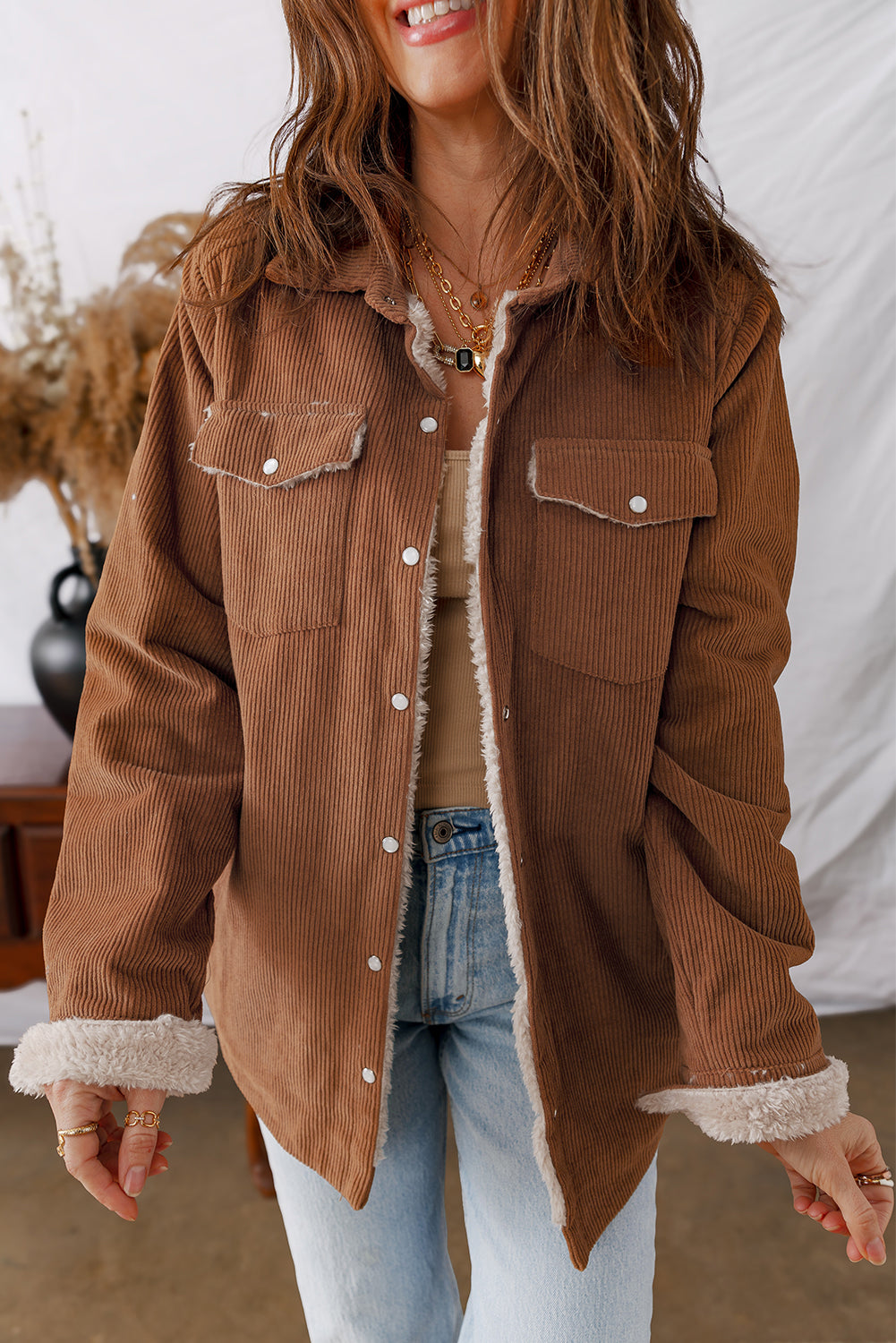 Cinnamon Fleece Lined Buttoned Flap Pockets Corduroy Jacket