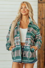 Green Geometric Print Button Front Long Sleeve Shacket