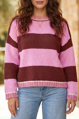 Pink Stripe Striped Drop Shoulder Long Sleeve Pullover Regular Fit Knit Sweater