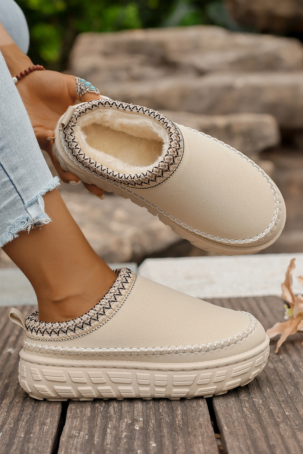 Coffee Faux Suede Woven Trim Plush Lining Platform Slippers