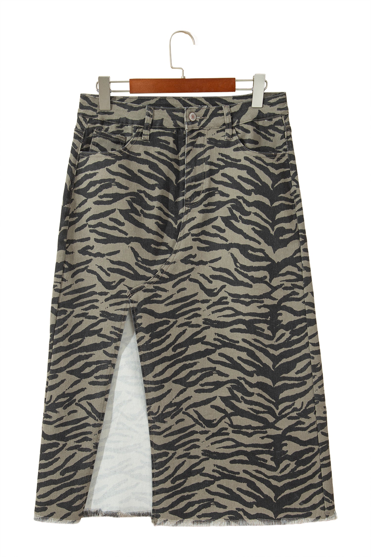 Brown Leopard Print Side Split Frayed Hem Denim Midi Skirt