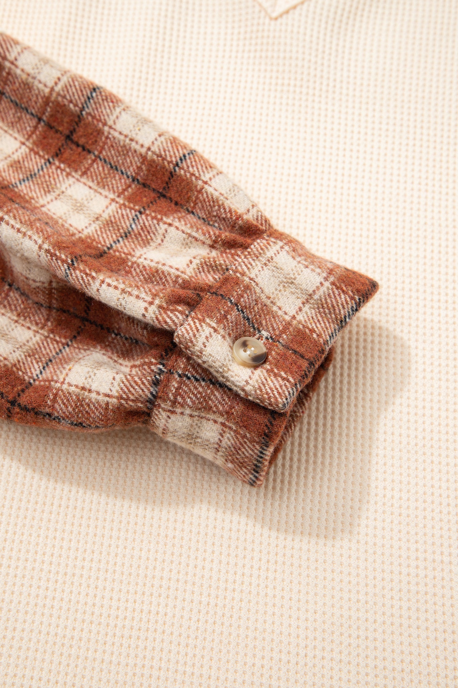 Beige Waffle Textured V Neck Plaid Colorblock Drop Shoulder Long Sleeve Top