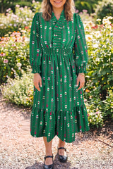 Green Floral Print V Neck Long Sleeve Shift Plus Size Dress