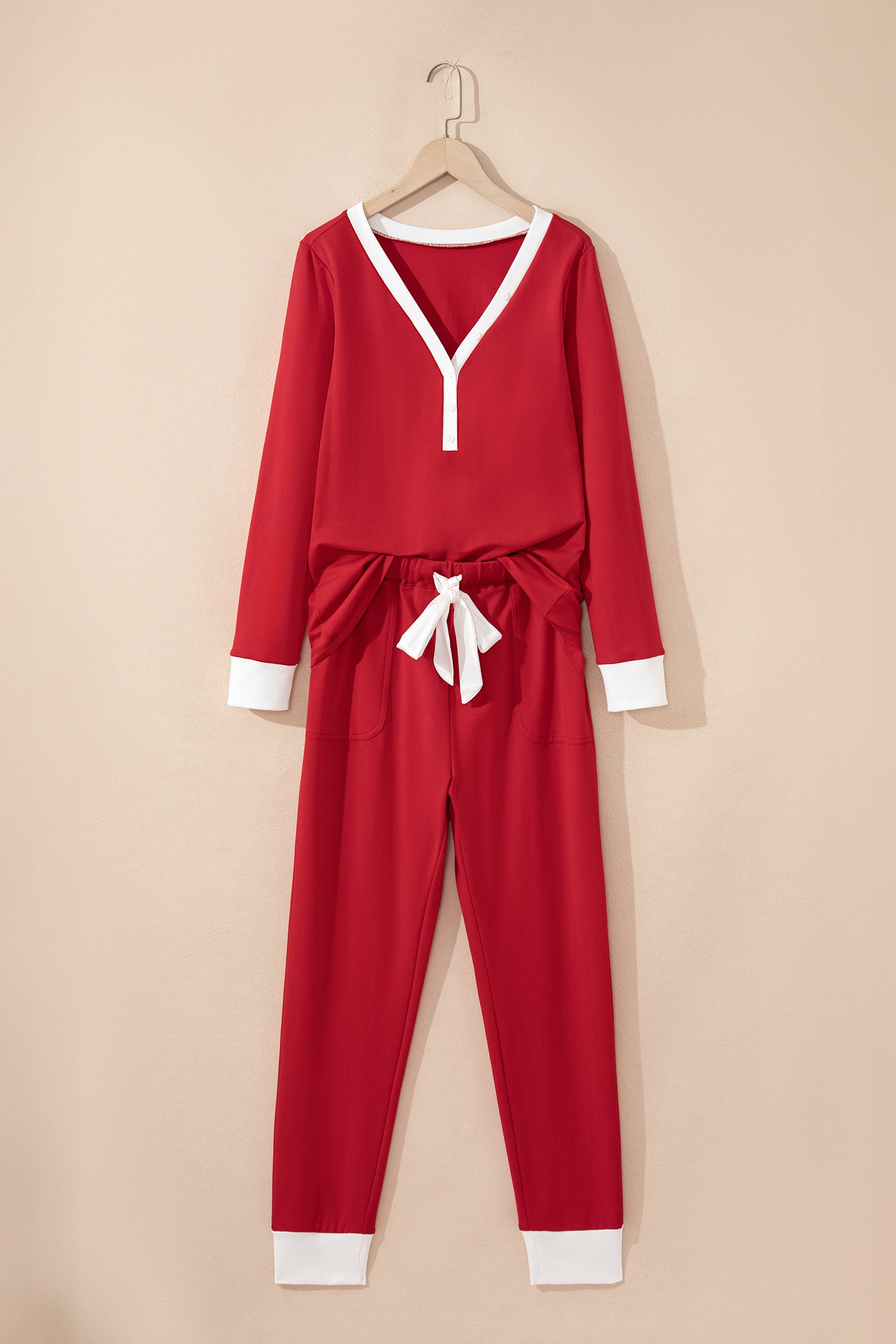 Fiery Red Contrast Trim Button V Neck Ribbon Bow Knot Waist 2pcs Lounge Pant Set