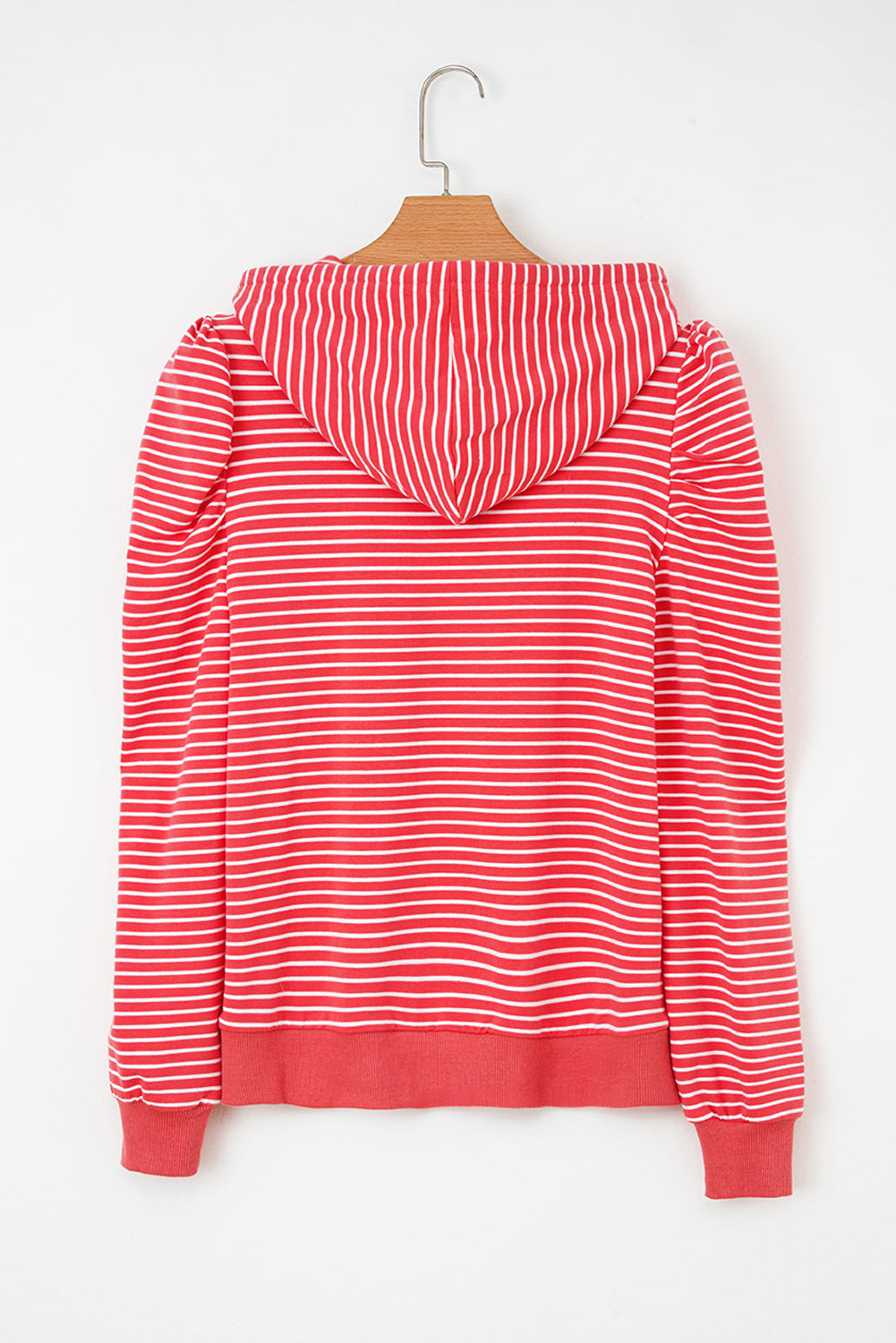 Red Striped Puff Sleeve Drawstring Hoodie