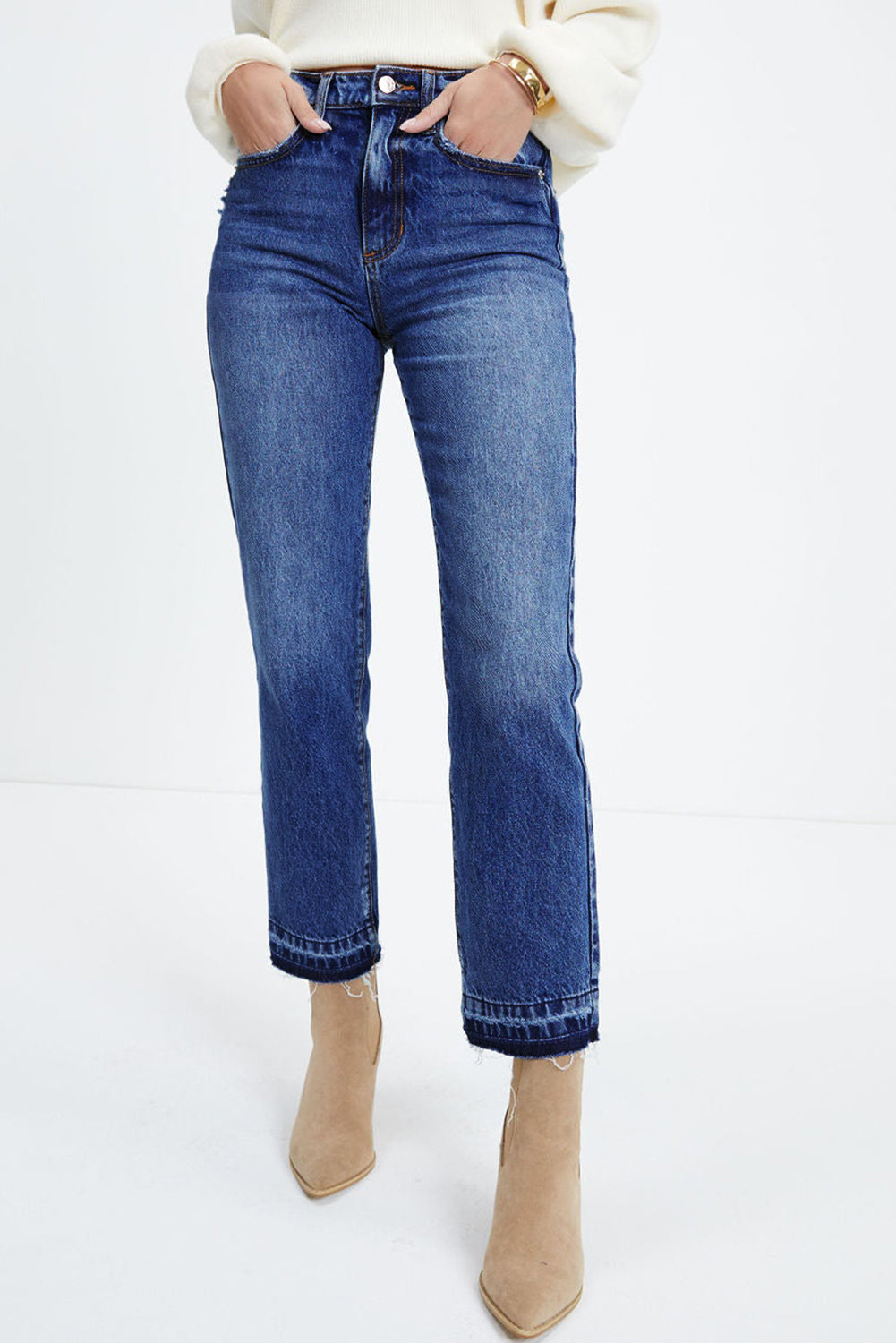Dark Blue Whiskered Wash Raw Hem Cropped Jeans