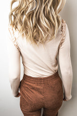 Beige Solid Color Round Neck Frill Detail Long Sleeve Top