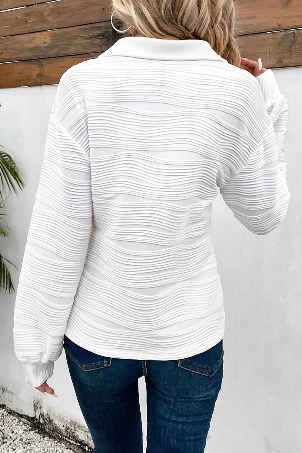 White Solid Color Zipper V Neck Pullover Sweatshirt