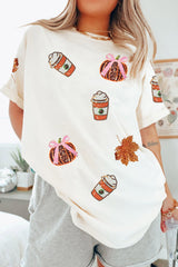 White Sequined Pumpkin Fall Graphic Casual Shift T Shirt