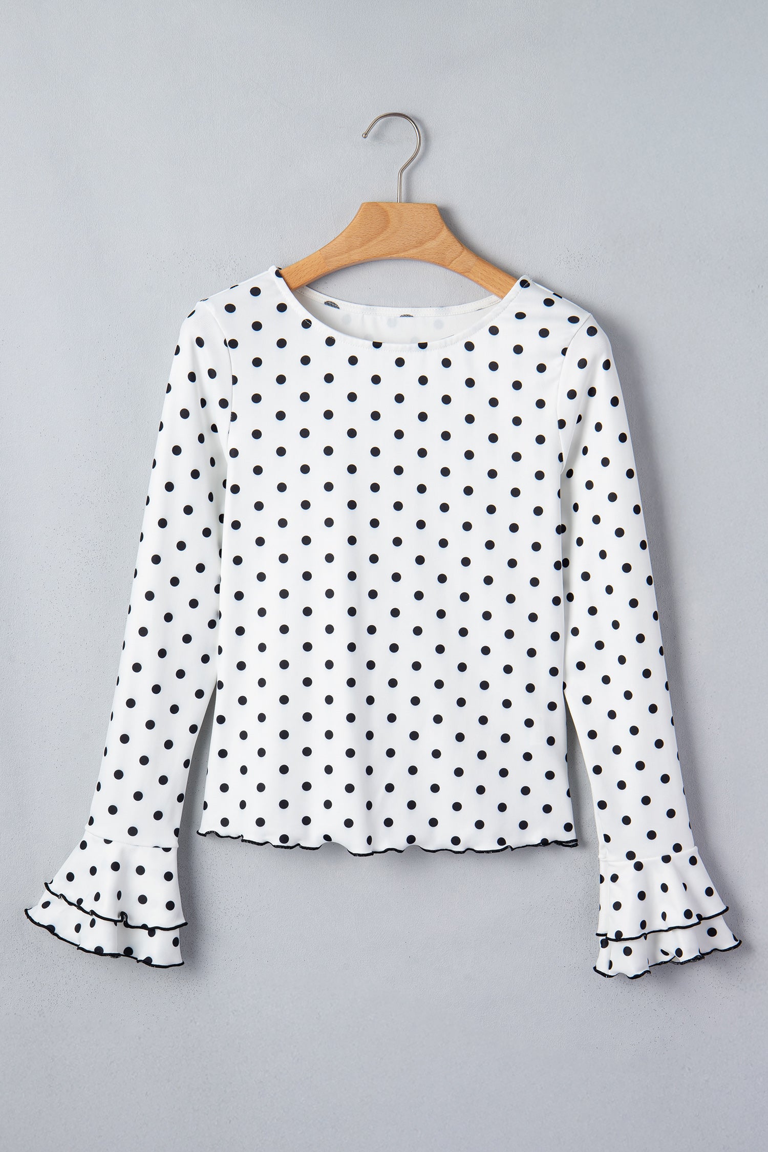 Black Polka Dot Print Lettuce Trim Long Sleeve Top