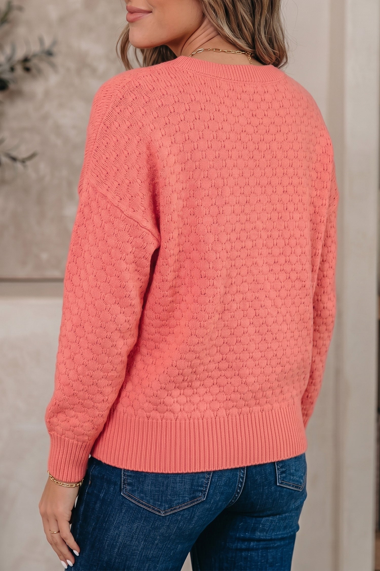 Coral Paradise Drop Shoulder Ribbed Knit Long Sleeve Sweater