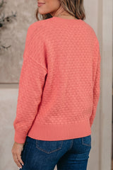 Coral Paradise Drop Shoulder Ribbed Knit Long Sleeve Sweater