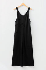 Black Solid Color Raw Seam Big Flower Patched Loose Overall Jumpsuit