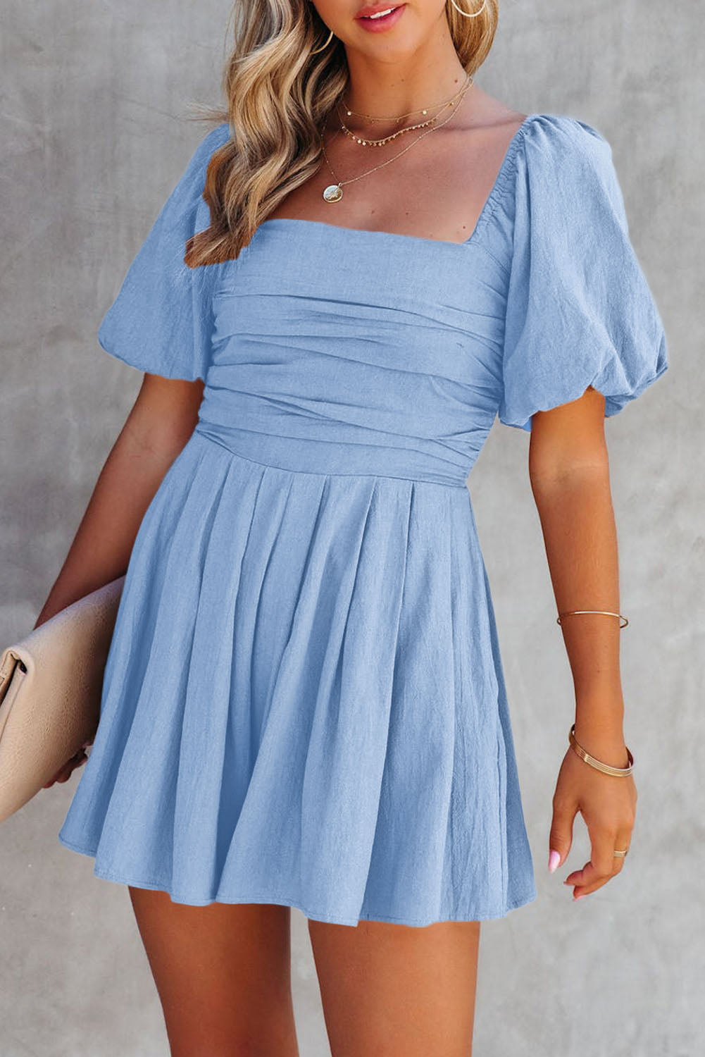 Valerian Square Neck Ruched Puff Sleeve Romper