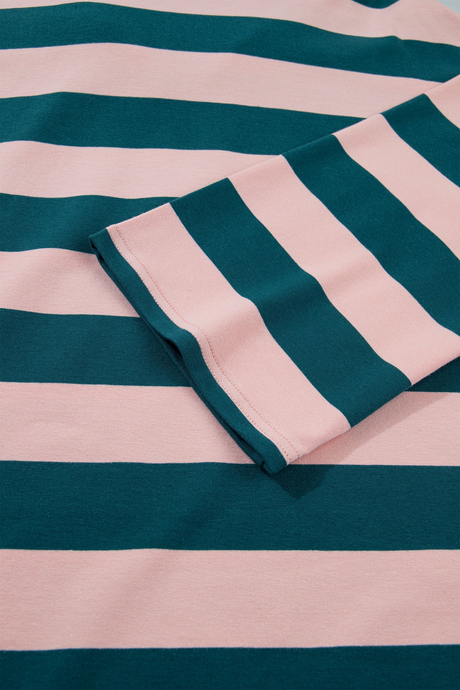 Green Stripe Quarter-Zip Metal Zipper Cover Stitch Hem Top