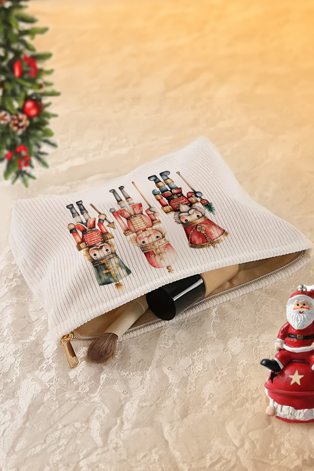 Fiery Red Christmas Fashion Print Corduroy Zip Up Cosmetic Bag