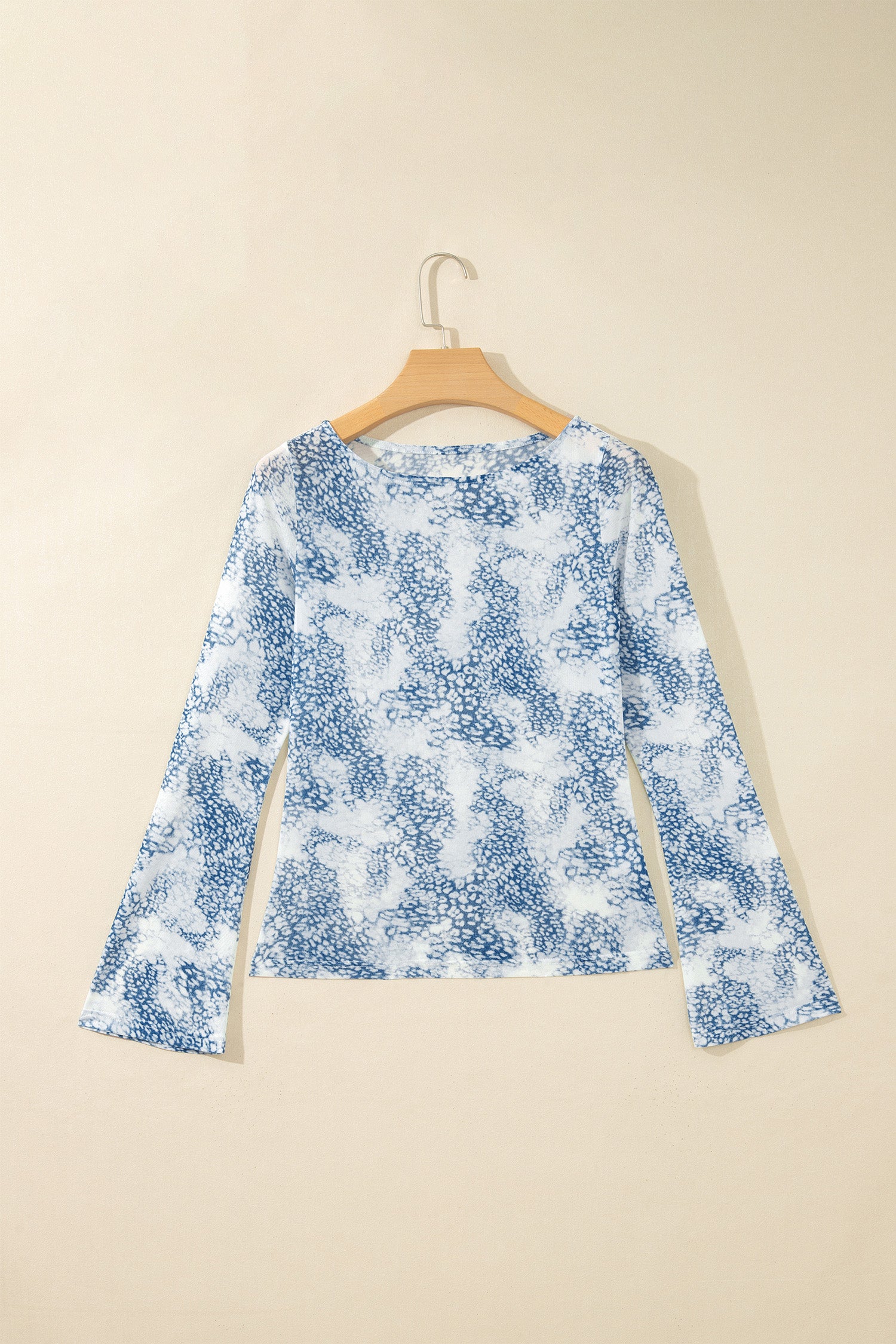 Sky Blue Long Sleeve Leopard Print Round Neck Sheath Top