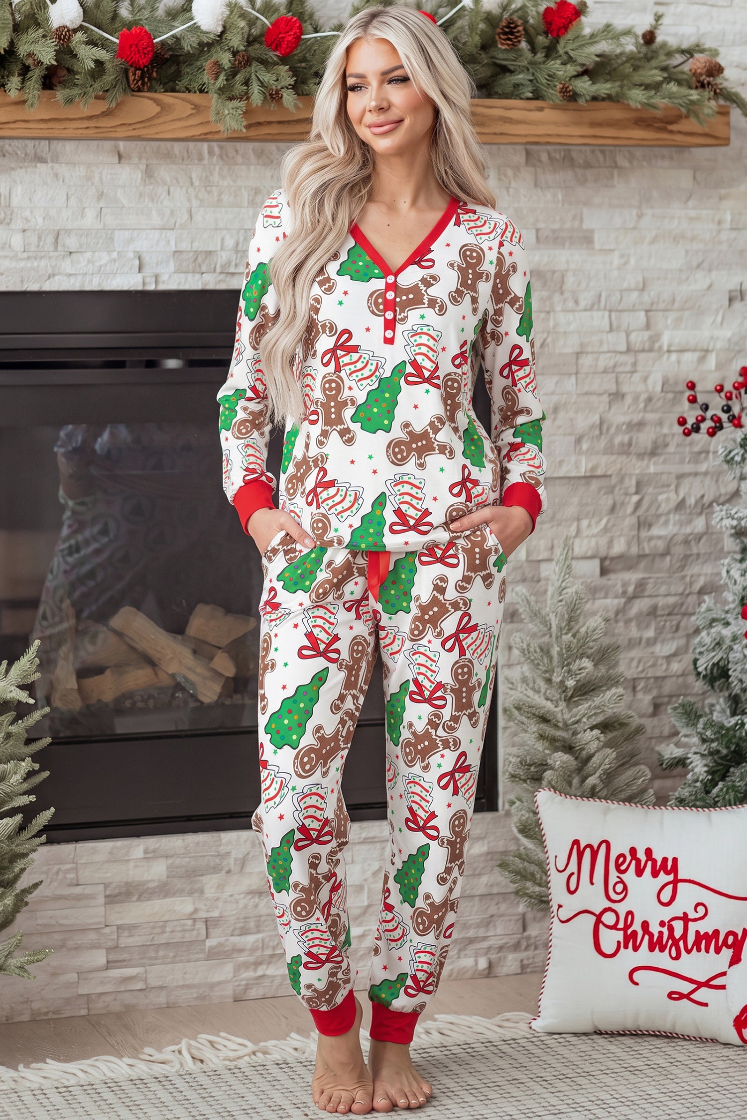 White Christmas Pattern Button V Neck Pullover Drawstring Pants 2pcs Lounge Set