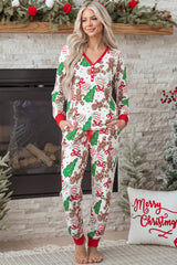 White Christmas Pattern Button V Neck Pullover Drawstring Pants 2pcs Lounge Set