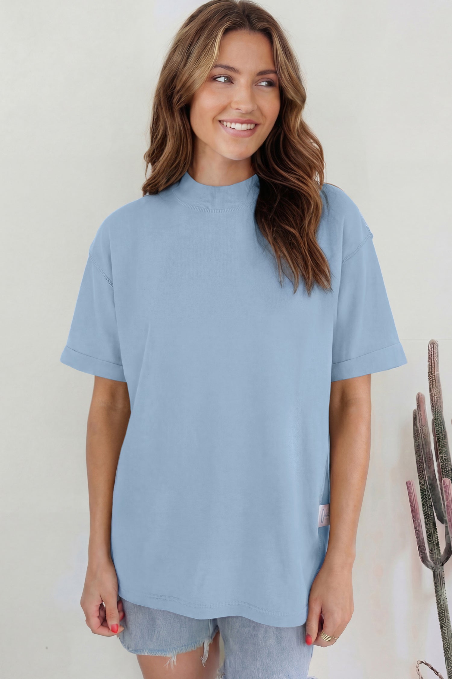 Dark Blue Solid Color High Neck Oversize Tee