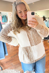 Parchment Colorblock V Neck Long Sleeve Tunic Loose Fit Plus Size Sweater