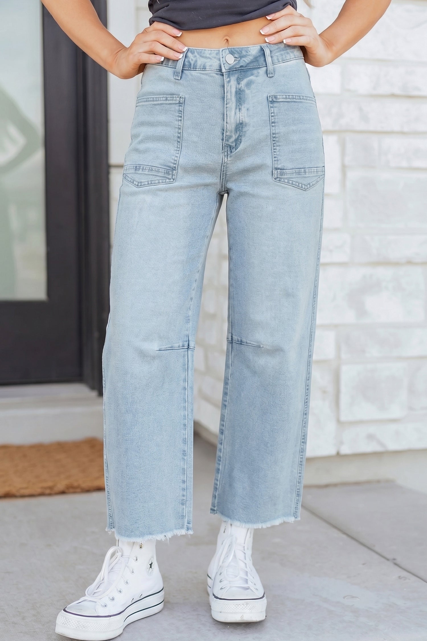 Sail Blue Frayed Cropped Barrel Jeans