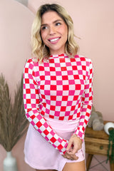 Rose Plaid Mesh Sheer Long Sleeve Top