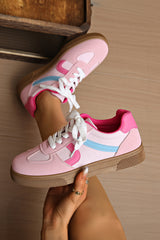 Rose Red Color Block PU Leather Patchwork Lace Up Flat Shoes