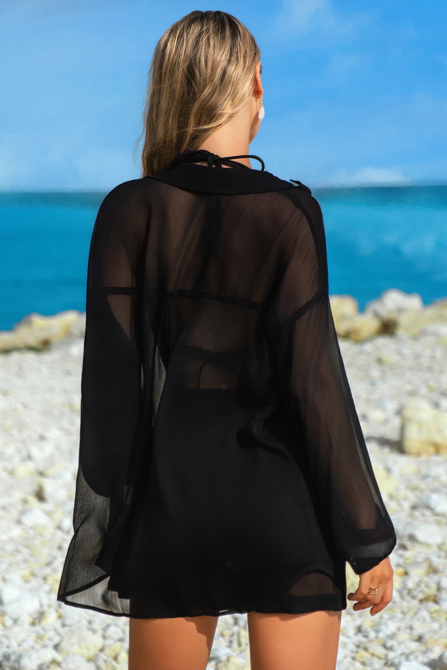 Beau Blue Sheer Tunic Shirt Drawstring Shorts 2pcs Swim Cover Up