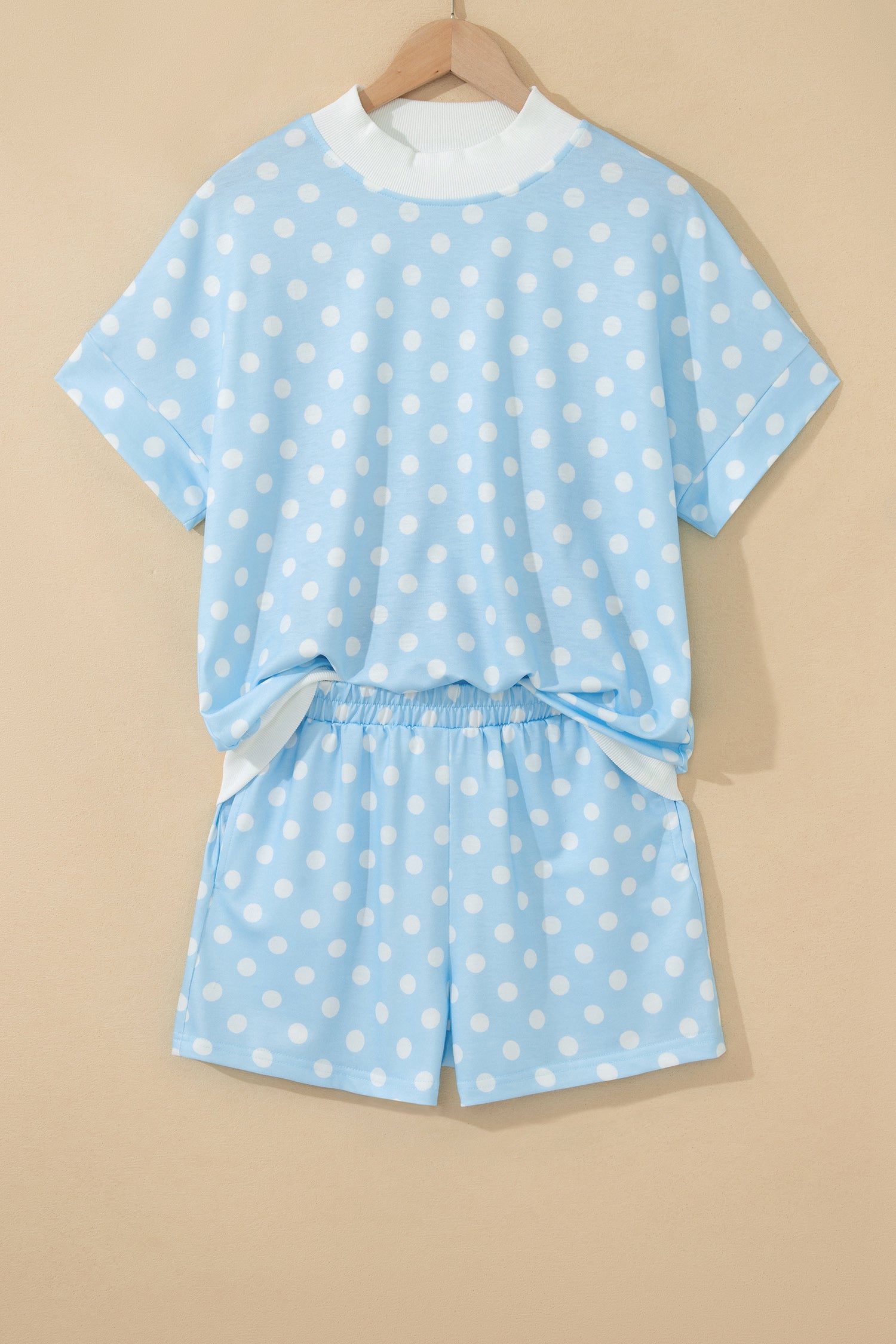Pink Polka Dot Print Color Block Trim Mock Neck Short Set