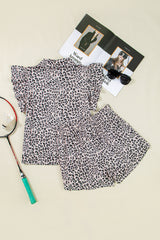 Brown Leopard Half Zipper Collared Ruffled Sleeve Top and Short Set