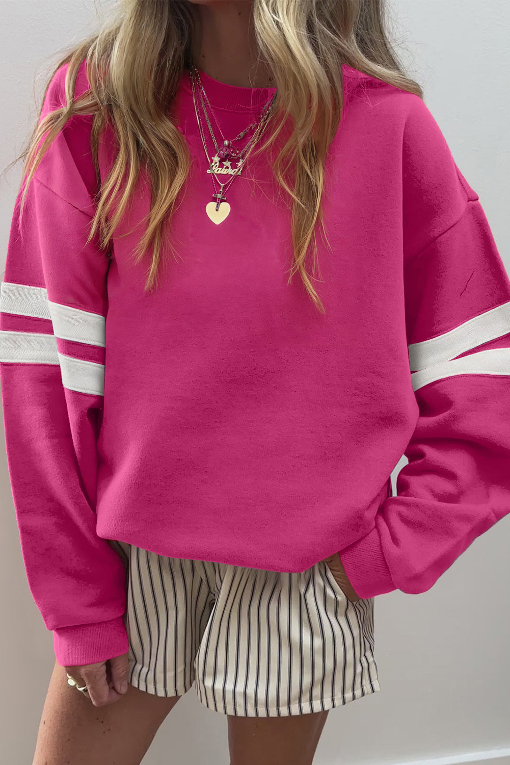 Rose Red Preppy Striped Sleeve Loose Sweatshirt