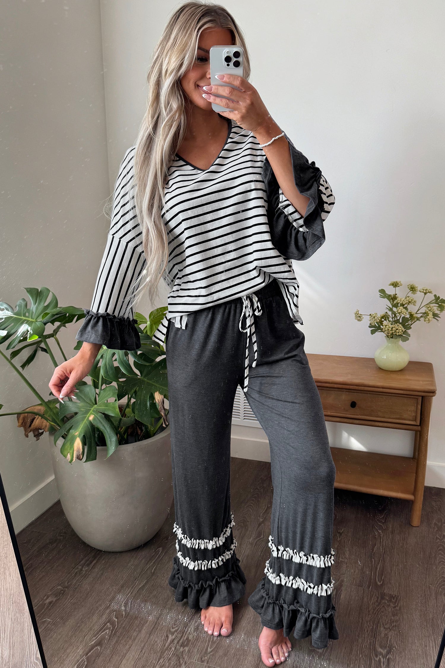 Gray Stripe V Neck Ruffle Contrast Sleeve Top Drawstring Pants 2pcs Set