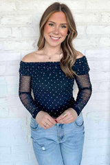 Blue Off Shoulder Polka Dot Mesh Long Sleeve Sheath Top