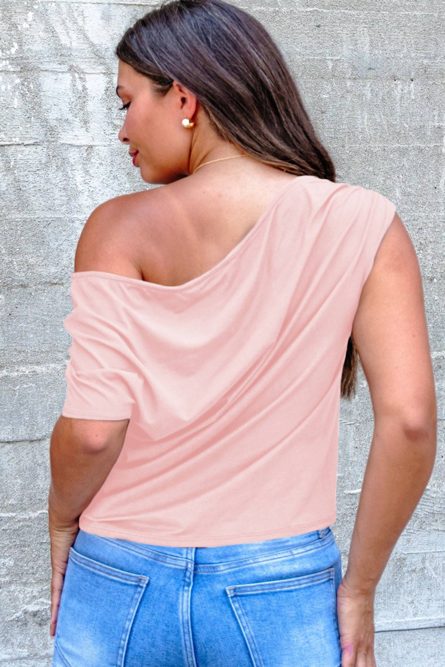 Burgundy Plus Size Solid Color Asymmetric Neck Short Sleeve Blouse