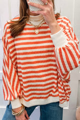 Orange Stripe Striped Textured Stand Neck Oversized Long Sleeve Top
