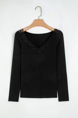 Black Lace Trim Elegant Neckline Long Sleeve Slim Top